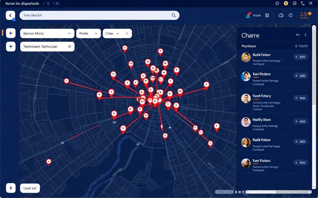 Live dispatch map with technician pins and route lines